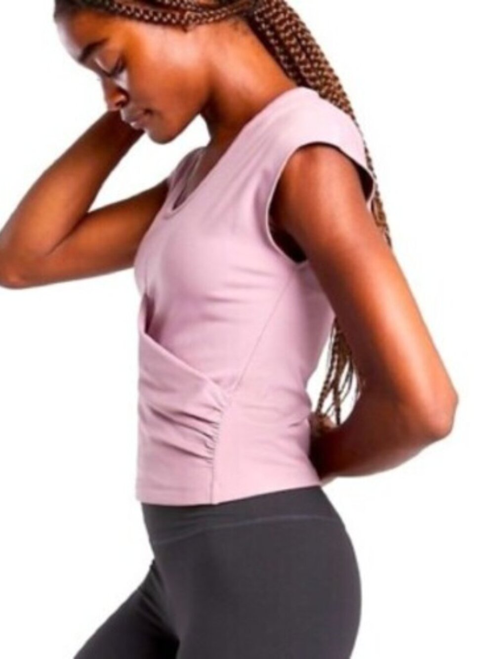 ATHLETA Bayview Tee Shirt Mauve Rose Short Sleeve Faux Wrap Workout Top Small